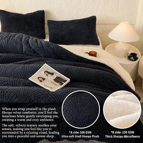 tohrisa Seashell Jacquard Sherpa Comforter Set Warm Cozy Premium Bedding 3 Pieces, Full/Queen Size Geometric Pattern Quilt Comforter with 2 Pillowcases(90"X90" Grey) thumbnail 4