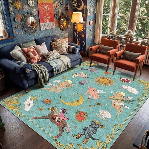 Kokia 8x10 Celestial Sun Moon Unique Fresh Turquoise Soft Washable Area Rug | Low Pile Non-Slip Carpet with Vintage Whimsical Boho Decorative Pattern; Cottagecore Style for Living Rooms or Large Bedrooms - Image 1