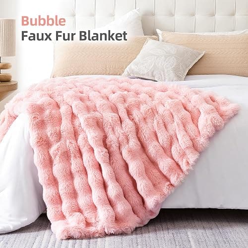 Smoofy Faux Fur Blanket Rabbit Fleece - Blush Pink Fluffy Blanket for Sofa, Cozy Soft Plush Throw Blanket for Couch Bed, Luxury Thick Fuzzy Couch Blanket for Winter, Comfy Bubble Blanket - 50" x 60" - Pink - Throw(50" x 60") thumbnail 2