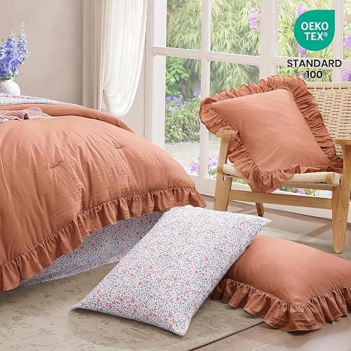 BLOOMHAVEN Queen Comforter Set - 7 Pieces Ruffle Autumn Leaf Bedding Sets, Shabby Chic Farmhouse Bed in a Bag Queen with Ruffle Comforter, Floral Sheets, Pillowcases & Shams thumbnail 6