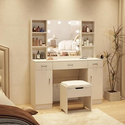 Halitaa Makeup Vanity Table with Lighted Mirror & Outlets, Large Vanity Set Vanity Desk with Lots Storage, 3 Lighting Modes, Brightness Adjustable, 45inch thumbnail 6