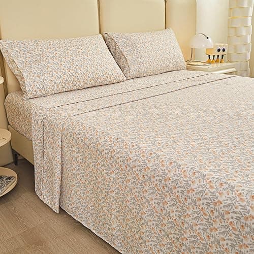 Viviland Floral Queen Sheet Set - 4 Piece Vintage Light Orange Flower Patterned Bed Sheets - Soft, Breathable Microfiber Sheets with Deep Pocket, Non-Slip Fitted Sheets & Pillowcases thumbnail 2