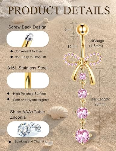 9 Pcs Belly Button Ring for Women Surgical Steel Dangle Pink Belly Piercing | 14G Stainless Steel Dangling Belly Rings Non Tarnish Navel Piercing Jewelry Set Pink Heart Butterfly Flower Body Jewelry thumbnail 5