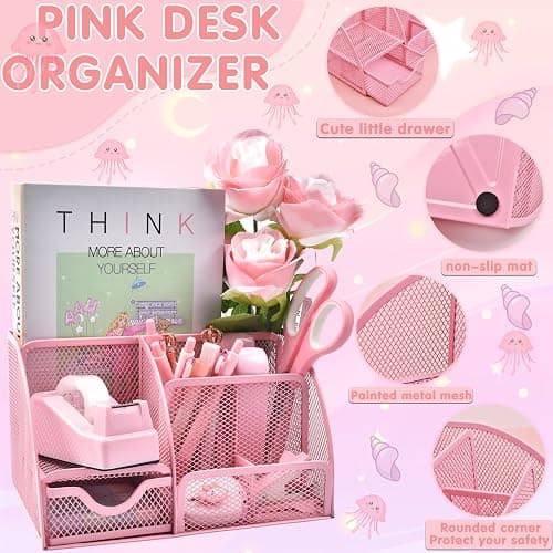 Pink Desk Accessories, 24Pcs Pink Office Supplies and Desk Organizers, with Tape Dispenser, Stapler, Staple Remover, Ect, Gift Box Packaging thumbnail 3