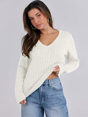 ANRABESS Womens Long Sleeve Cable Knit Sweater 2025 Fall Fashion V Neck Fitted Pullover Top Business Casual Work Fall Outfits thumbnail 4