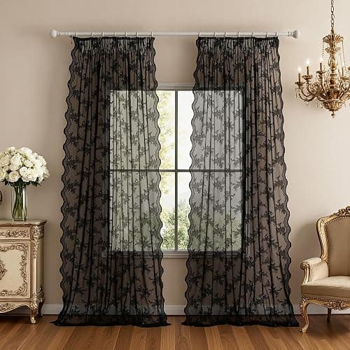MYSKY HOME Vorhang aus Spitze Blumen Bestickte Spitzengardinen, Vorhänge mit Kräuselband Transparent Gardinen 2er Set, Modern Dekoschal für Wohnzimmer Schlafzimmer, Schwarz, H 245 x B 140 cm. thumbnail 3