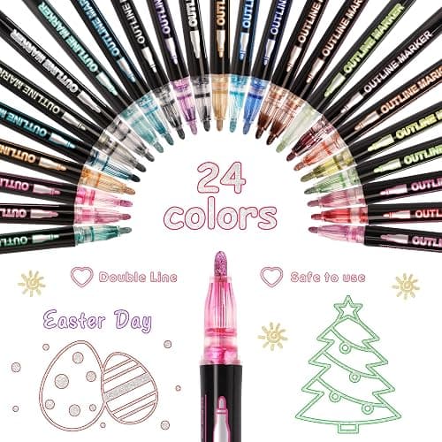 Outline Glitter Markers, 24 Colors Outline Shimmer Markers, Teen Girl Gifts Trendy Stuff, Glitter Pens Set, Art Crafts School Journaling Supplies for Kids Girls Ages 4-16 Year Old thumbnail 2
