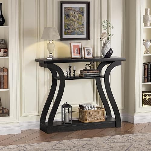 UODERS Wooden Console Table with Curved Legs and Shelf, 3-Tier Modern Accent Narrow Sofa Table for Entrance Area, Living Room, Hallway, 47 in Wide Wood Console Table for Entryway (Black) thumbnail 3