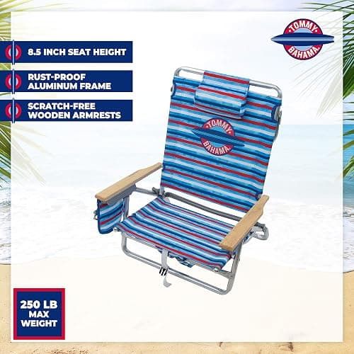 Tommy Bahama 5-Position Classic Lay Flat Folding Backpack Beach Chair, Aluminum, Red, White, and Blue Stripe thumbnail 4