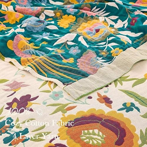 XIBLC Boho Throw Blanket for Bed, 100% Cotton Soft Rustic Quilt Fall Blanket, 60"x80" Floral Printed Farmhouse Decor Bed Blankets, All Season Rustic Reversible Bohemian Throw Quilt thumbnail 3