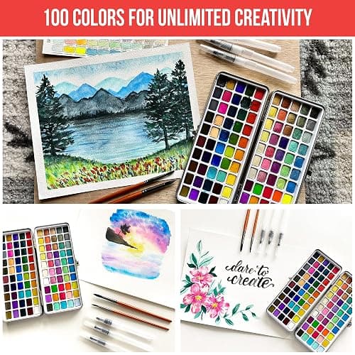 Watercolor Paint Set 100 Vibrant Colors for Adult Beginner Professional | With Metallic Colors. Travel Size Water Color Art Kit Palette for Adults & Beginners. Portable Watercolors, Artist Gifts Idea thumbnail 2
