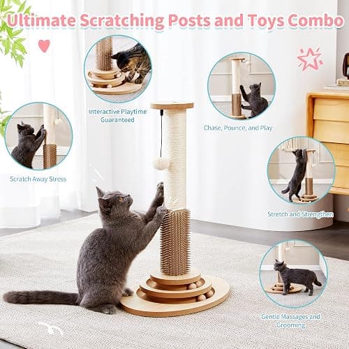 Made4Pets Cat Scratching Post, 23" Tall Sisal Cat Scratcher Post with Self Groomer, 4-in-1 Interactive Trackball Toys with Hair Brush, Vertical Cat Climbing Tree with Dangling Plush Balls thumbnail 2