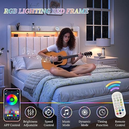 SIBEDS Full Bed Frame with 2-Tier Storage Headboard, Smart LED Beds with 2 Under Bed Storage Drawers, Linen Upholstered Platform Bedframe with Vertical Channel Tufted Wingback Rivet Decor, Natural thumbnail 3