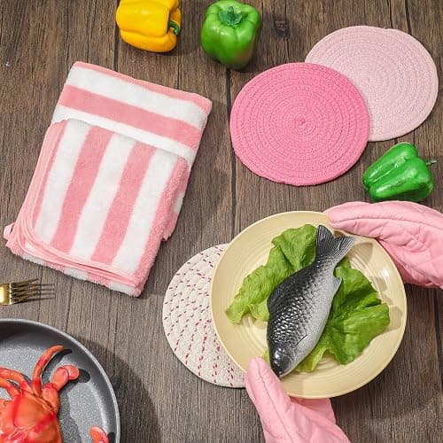 Zubebe Pink Oven Mitts and Pot Holders with Kitchen Towels Set of 7, Valentine's Day Gift for Women Heat Resistant Oven Gloves Kitchen Hand Towels Hot Pads for Cooking Baking(Plaid) thumbnail 7
