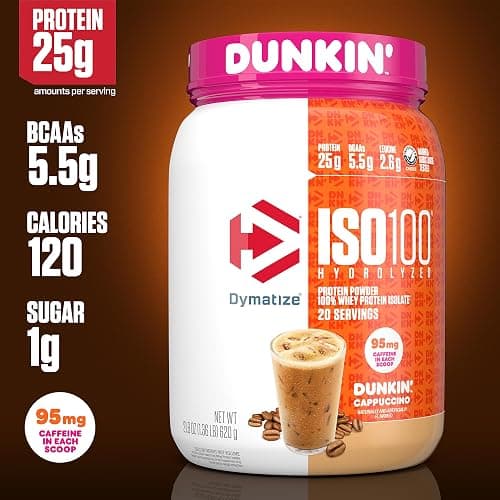 Dymatize x Dunkin' Cappuccino ISO100 Whey Protein Powder, 95mg Caffeine, 25g of Protein5.5g BCAAs, 120 Cal., Gluten Free, 1g Fat, 1g Sugar, 2g Carb (20 Servings) thumbnail 3