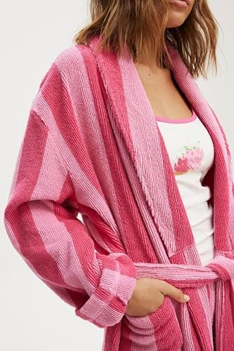 Women's Fleece Bath Robe Christmas Striped Full Length Plush Soft Bathrobe Warm Lounge Sleepwear Robe with Pockets thumbnail 5