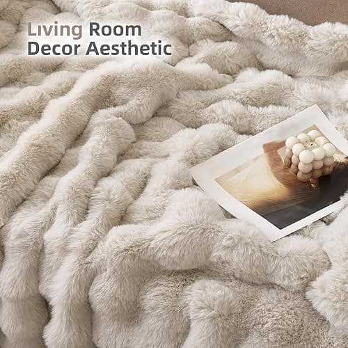 Smoofy Faux Fur Throw Blanket for Couch Rabbit Fleece - Linen Fluffy Blanket for Sofa Bedroom Living Room, Cozy Soft Plush Luxury Thick Winter Fuzzy Comfy Bubble Blanket - 50" x 60" thumbnail 6