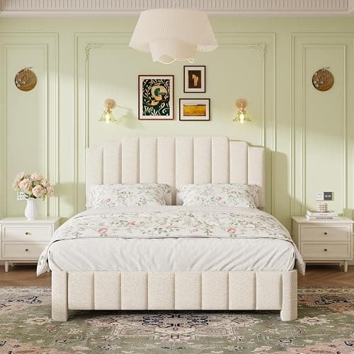 HDDDZSW Queen Bed Frame with Adjustable Headboard, Upholstered Platform Bedframe, Boucle Queen Size Bed Frame, Solid Wood Slats Support White Bed Frame for Bedroom, No Box Spring Needed thumbnail 4