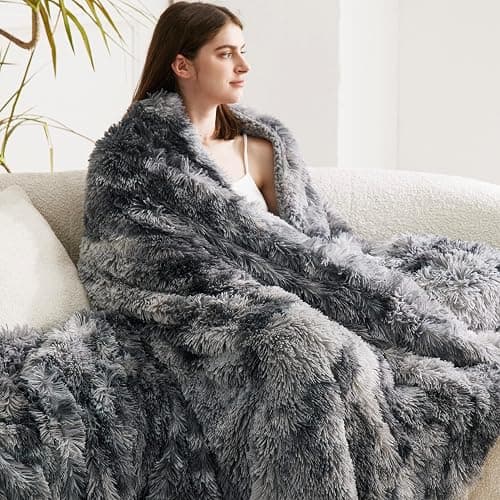 Bedsure GentleSoft Fluffy Sherpa Fleece Faux Fur Blankets Queen Size for Bed, Bedroom Decor Winter Thick Warm Full Queen Blankets, Fuzzy Plush Soft Heavy Mink Tie Dye Grey Bedding Cozy Gifts, 90x90 thumbnail 9