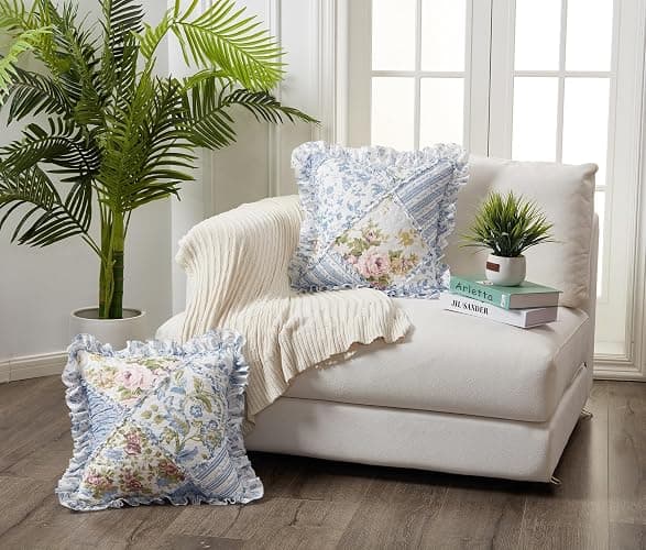 Brilliant Sunshine Blue Rose Patchwork Ruffle Pillowshams, Quilted Decorative Pillow Covers Set, Square Throw Cushion Cases for Couch, Reclining Chair, Car, Bed, 18x18, Pack of 2, Blue Rose - Image 1