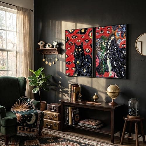 2Pcs Black Cat Cohen Hippie Psychedelic Wall Art Retro Fun Cool Girl Mystical Animal Eyes Stars Canvas Posters Prints Cat Lovers Wall Decor Pictures Bedroom Living Room Dorm Decoration Unframed thumbnail 3