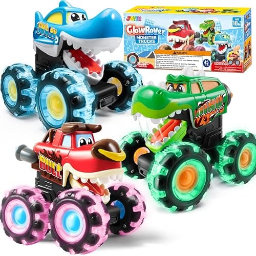 JOYIN 3 Pack Monster Truck Toy - Motion Activated Light Up Cars for Toddlers - Monster Glow Rover LED Wheels - Baby Boy Toys - Press and Go Trucks for Kids Boy Birthday Gifts Easter Basket Stuffers - Image 1