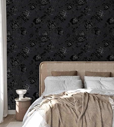 LaiTique Gothic Rose Wallpaper – Black Floral Textured Peel and Stick Wallpaper, Self-Adhesive Vinyl for Home Decor, 17.7in x 236in thumbnail 6