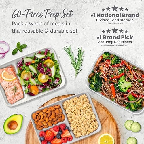 Bentgo Prep 60-Piece Meal Prep Kit - Reusable PFAS & BPA-Free Food Containers, 1-Compartment, 2-Compartment, & 3-Compartments - Microwave, Freezer, & Dishwasher Safe (White Stone) thumbnail 3