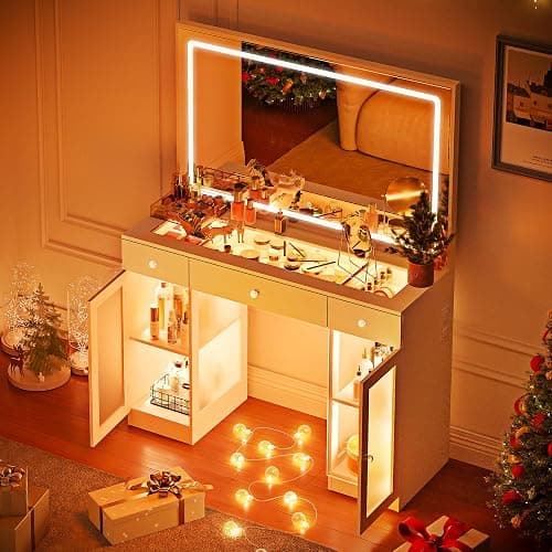 Pamapic Makeup Vanity Desk with Mirror and Lights, LED Light Strip Vanity with Glass Top, Crystal Knobs and Translucent Cabinet Doors, 3 Lighting Modes White Vanity with 3 Drawers thumbnail 3