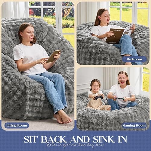Hobestluk Bean Bag Chairs 5ft Beanbag Chair with Filler Adult Bean Bags with Fluffy & Machine Washable Cover, Giant Bean Bag Chairs for Adults (Grey, 5FT-50" x 50" x 24") thumbnail 5
