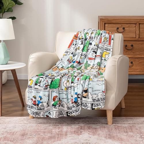 Berkshire Blanket Peanuts® VelvetLoft® Cute Character Snoopy Plush Oversized Kids Throw Blanket, Peanuts Christmas Comic Strip Colorized White (50in x 60in) - Image 1