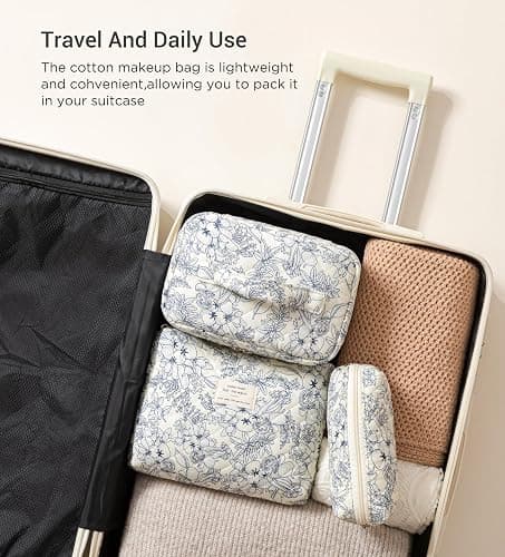 HBselect Quilted Makeup Bag, 3PCS Cotton Large Travel Makeup Bag, Cute Floral Coquette Make up Bag Cosmetic Bag Toiletry Bag for Women Girls thumbnail 4