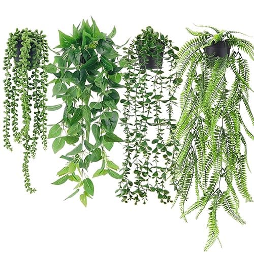 Der Rose 4 Pack Fake Plants Hanging with Pots Artificial Ivy Vine Faux Eucalyptus Hanging Plants, Boston Fern, String of Pearls for Home Room Wall Shelf Indoor Outdoor Decor - 4 Packs Black Pots