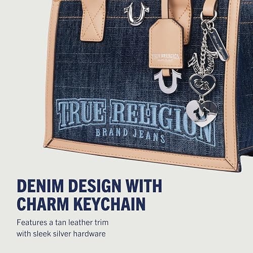 True Religion Denim Tote Bag, Bombe Logo Shoulder Carryall with Horseshoe Hardware and Strap Hand Bag, Dark Denim thumbnail 3