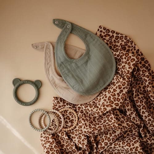 mushie Muslin Baby Bib | Soft Cotton for Infant Drips, Drools & Feedings | Adjustable Fit | 2 Pack - Roman Green/Fog thumbnail 6