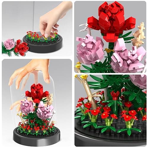 QIFUN Flower Bouquet Building Kit, 524 Pcs Mini Bricks Building Blocks Sets, Forever Rose Decorated Flower with Dust Cover, Valentine's Day Gifts for Her Mom Women (Rose Flower) - Rose Flower thumbnail 5