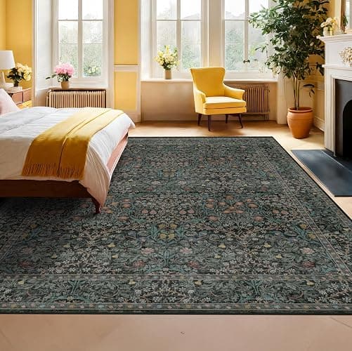 Vintage Dark Green Living Room Rug, 8x10 Washable Area Rugs for Dining Room Under Kitchen Table, Bedroom, Oriental Low Pile Stain Resistant Non-Slip Large Carpet (8x10 Dark Green) thumbnail 4