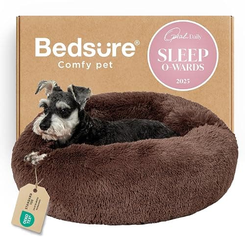Bedsure Calming Small Dog Bed Donut Washable Cat&Puppy Bed,23 inches Coffee | Fluffy Faux Fur Round Cuddler,Machine Washable,Anti-Slip Bottom,Anti-Anxiety,Deep Sleeping for Large Cat & Pets Up to 25 Lbs - Image 1