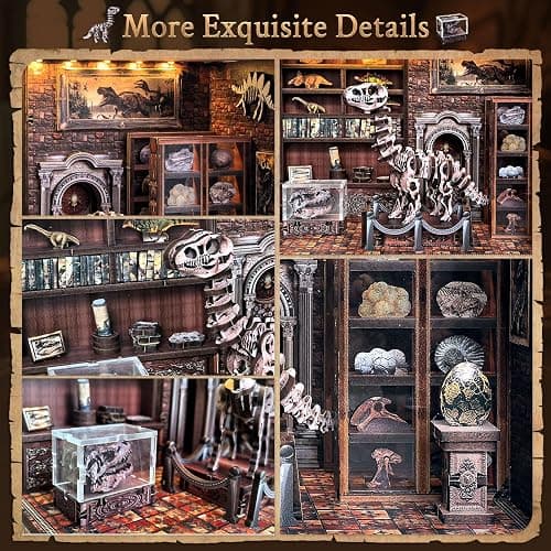 FLYINTOYS Book Nook Kit, DIY Miniature Dollhouse Booknook Kit for Adults and Teens, 3D Wooden Puzzle Bookshelf Crafts Kits with LED Light for Family and Friends (Dinosaur Research Institute) thumbnail 4