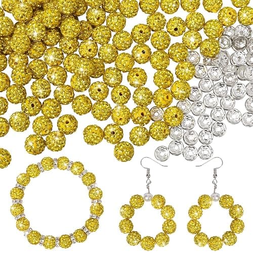 Fishdown 200pcs 10mm Rhinestone Beads for Crafts and Spacer Beads Bulk for DIY Crafting,Sparkly Disco Ball Clay Bead Diamond Crystal Spacer Bead for Necklace Bracelet Earring Jewelry Making-Yellow - Image 1