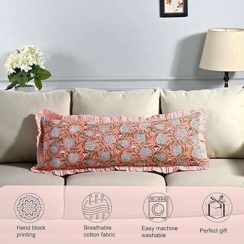 Ridhi Dark Salmon Pink 100% Cotton Block Print Ruffle Lumbar Sham Cover Handmade Boho Floral Pillowcase, Farmhouse Cottagecore Bedding, Soft Decorative Cushion Cover for Bedroom Décor 14 x 36 Inch thumbnail 6