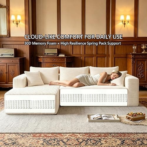 93" Modular Cloud Couch, Convertible L-Shaped Sectional Sofa with Chaise & Deep Seat, Corduroy Boneless Couches for Living Room Apartment, No Assembly - Beige (Left Facing Chaise) thumbnail 5