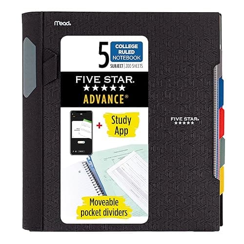 Five Star Advance Spiral Notebook + Study App, 5 Subject, College Ruled Paper, 8-1/2" x 11", 200 Sheets, Spiral Guard, Movable Tabbed Dividers, Black (73144) - Image 1