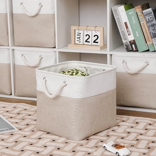 MidmmVick 11 x 11 Inch Cube Storage Bins, 6 Pack Large Collapsible Fabric Storage Bin with Ropes, Foldable Storage Cubes for Home, Office,Closet, Clothes, Toys Organizer (White & Beige-11"x11"x11") thumbnail 4