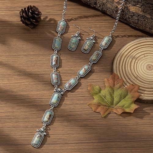 JMScape 4 PCS Western Turquoise Jewelry for Women Boho Vintage Navajo Pearl Necklace Earring Bracelet Ring Set Country Cowgirl Accessories for Gift | Jewelry, 4 PCS, Vintage, Boho, Country, Accessories, for Gift thumbnail 6