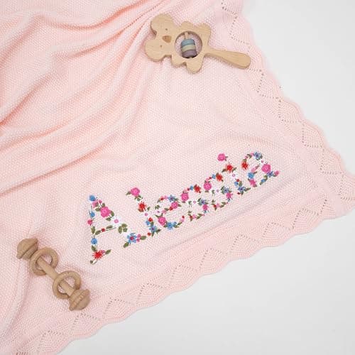 SWaddle AN Personalized Floral Embroidered Name Blanket – Soft Cotton Knit Newborn Blanket, Custom Keepsake Gift, Cozy Cover for Girls, Unique Shower Present thumbnail 6