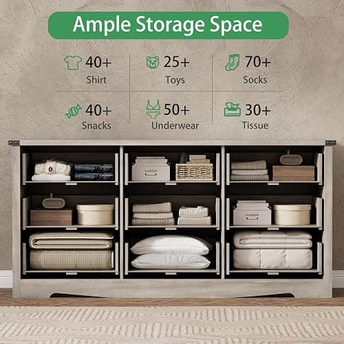 Dresser for Bedroom with 9 Drawers, 59" Wide Wood Chest of Drawers with Deep Drawers & Mental Handle, Modern Dresser TV Stand, Wooden Closet Storage Organizer for Living Room, Hallway, Entryway, Grey thumbnail 4
