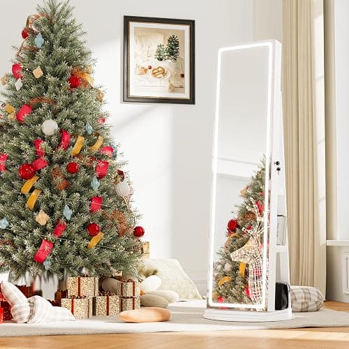TJYGO LED Mirror Jewelry Cabinet Standing, Swivel Jewelry Armoire with Full Length LED Mirror and Adjustable Lights, Lockable Standing Jewelry Storage Organizer, White thumbnail 8