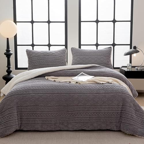COTTEBED Reversible Sherpa Fluffy Comforter Queen Set, Boho Tufted Bedding Down Blanket Comforter Set, Ultra-Soft Washed Cotton Shabby Plush Fleece Sherpa Thick Warm for Winter Autumn, Grey Full Queen thumbnail 2