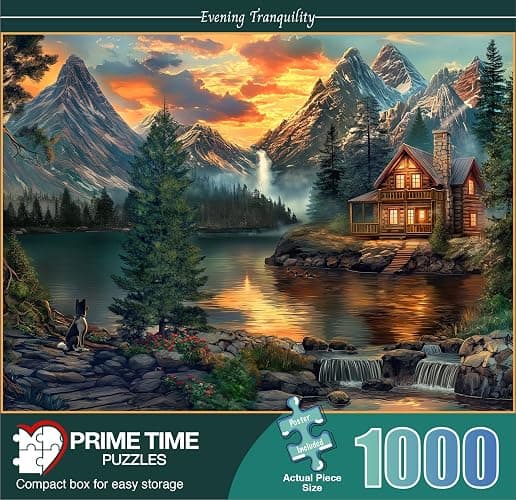 Prime Time Puzzles Adult Jigsaw Puzzle 1000 Piece Mountain Cabin | Features a serene lake cabin scene, finishing at 20x27 inches. Great for game nights on a table, puzzleboard, or floor. thumbnail 3